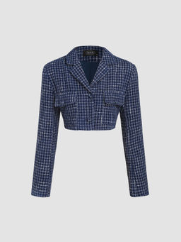 Cider - Tweed Notched Collar Long Sleeve Crop Blazer