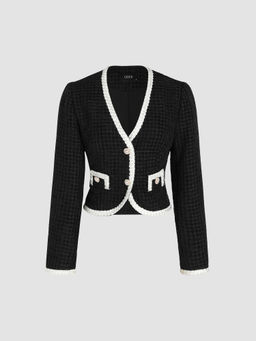 Cider - Tweed V-Neck Contrasting Button Up Crop Jacket