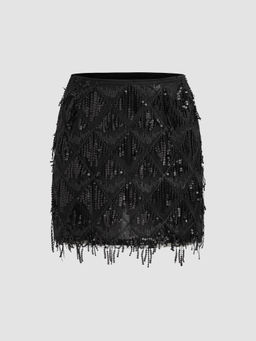 Cider - Sequins Tassel Mid Waist Mini Skirt