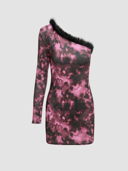 Cider - Asymmetrical Neck Abstract Print Fluffy Mini Dress
