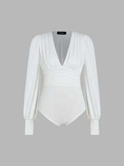 Cider - Solid V-Neck Ruched Knitted Bodysuit