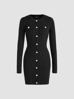 Cider - Knit Solid Round Neckline Button Midi Dress