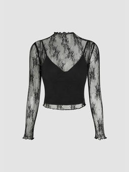 Cider - High Neck Lace Floral Blouse Top & Solid Crop Cami Top Set