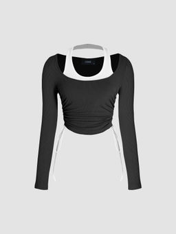 Cider - Scoop Neckline Drawstring Long Sleeve Crop Top ()