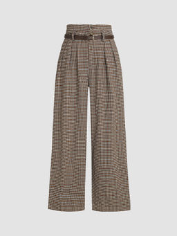 Cider - Houndstooth High Waist Belted Wide Leg Trousers