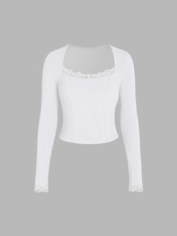 Cider - Solid Lace Trim Square Neck Knitted Tee