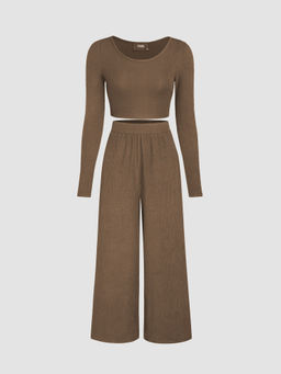 Cider - Solid Knitted Crop Top & Wide Leg Trousers (Set of 2)