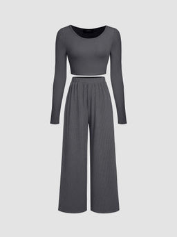 Cider - Solid Knitted Crop Top & Wide Leg Trousers (Set of 2)