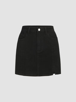 Cider - Denim Solid High Waist Split Mini Skirt