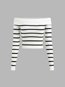 Cider - Striped Off-Shoulder Crop Knitted Top