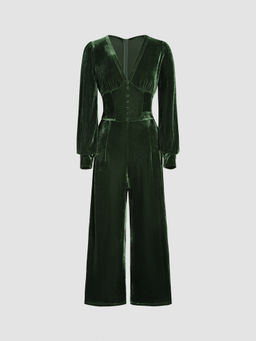 Cider - Velvet V-Neck Corset Wide Leg Jumpsuit