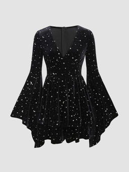 Cider - Velvet V-Neck Star & Moon Pattern Bell Sleeve Romper