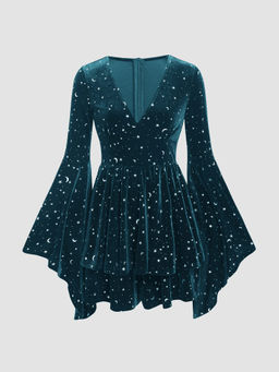 Cider - Velvet V-Neck Star & Moon Pattern Bell Sleeve Romper