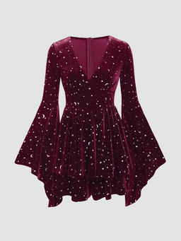 Cider - Velvet V-Neck Star & Moon Pattern Bell Sleeve Romper