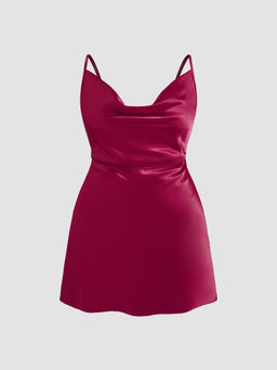 Cider - Solid Satin Cowl Neck Cami Mini Dress Curve & Plus