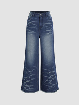 Cider - Denim Washed Raw Hem Wide Leg Jeans