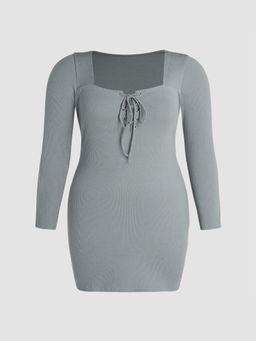 Cider - Square Neck Drawstring Solid Knitted Mini Dress Curve & Plus