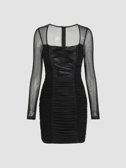 Cider - Solid Sheer Lace Up Ruched Mini Dress