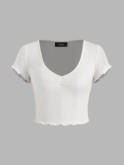 Cider - Solid V-Neck Ruched Crop Tee