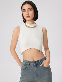 Cider - Solid Stand Collar Knitted Cami Crop Top
