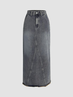 Cider - Denim Raw Hem Stitch Split Maxi Skirt