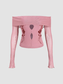 Cider - Rose Off-Shoulder Long Sleeve Crop Top