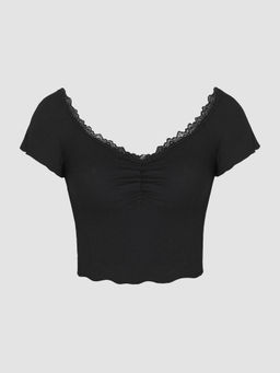 Cider - Solid U-Neckline Lace Trim Crop Tee