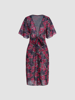 Cider - Floral Deep V Knotted Midi Dress