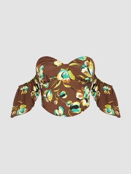 Cider - Floral Satin Strapless Crop Blouse Top