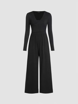 Cider - Solid V-Neck Wide Leg Jumpsuit