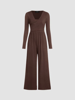 Cider - Solid V-Neck Wide Leg Jumpsuit