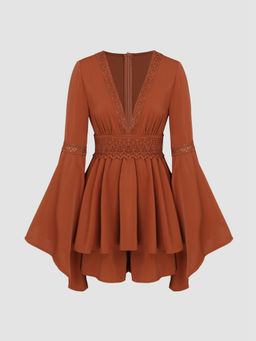Cider - Solid Lace V-Neck Bell Sleeve Playsuit