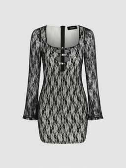 Cider - Lace Floral Sheer Cut Out Mini Dress