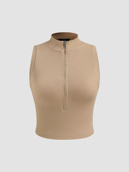 Cider - Rib Solid High Neck Zipper Crop Tank Top
