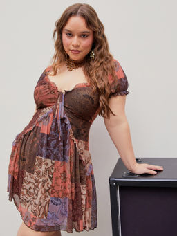 Cider - Paisley Sweetheart Ruched Mesh Mini Dress Curve & Plus