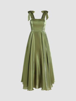 Cider - Satin Solid Square Neck Knotted Maxi Dress
