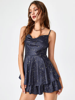 Cider - Satin Star Pattern Cowl Neck Ruffle Mini Dress ()