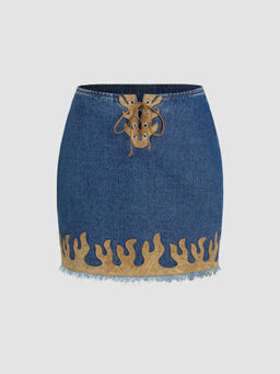 Cider - Denim Lace Up Fringe Low Waist Skirt