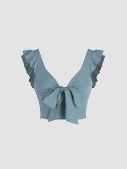 Cider - Solid V-Neck Ruffle Knotted Crop Top