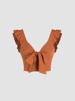 Cider - Solid V-Neck Ruffle Knotted Crop Top