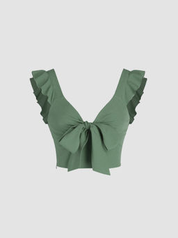 Cider - Solid V-Neck Ruffle Knotted Crop Top