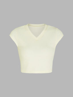 Cider - Solid V-Neck Short Sleeve Crop Top