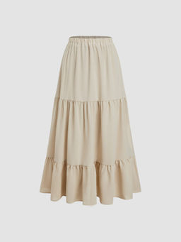 Cider - Solid Elastic Waist Ruffle Hem Tiered Midi Skirt