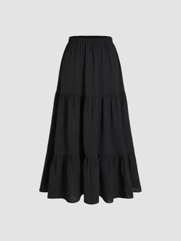 Cider - Solid Elastic Waist Ruffle Hem Tiered Midi Skirt