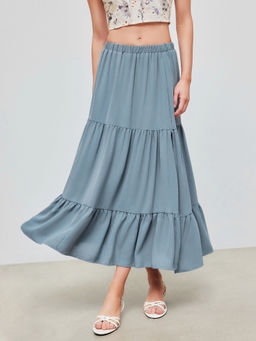 Cider - Solid Elastic Waist Ruffle Hem Tiered Midi Skirt