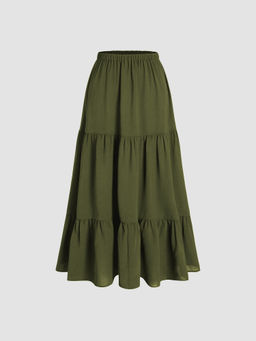Cider - Solid Elastic Waist Ruffle Hem Tiered Midi Skirt