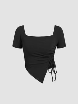 Cider - Solid Asymmetrical Hem Drawstring Short Sleeve Tee