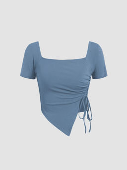 Cider - Solid Asymmetrical Hem Drawstring Short Sleeve Tee