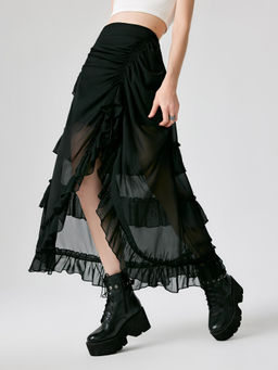 Cider - Ruffle Sheer High Waist Maxi Skirt