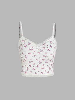 Cider - Floral V-Neck Ruched Lace Trim Crop Cami Top